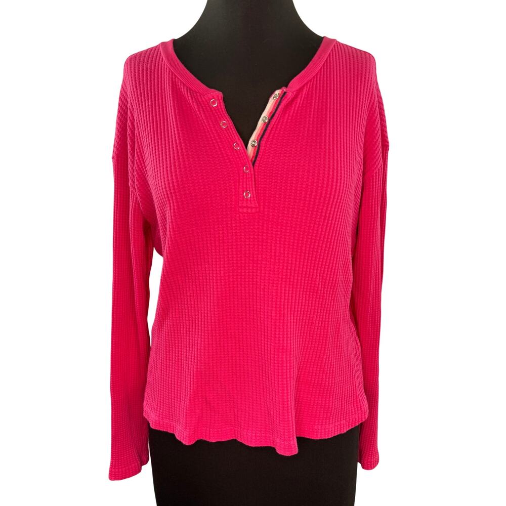 SUNDRY Vibrant Pink Clover Henley Top Waffle Knit Drop Shoulder Pullover Small 0